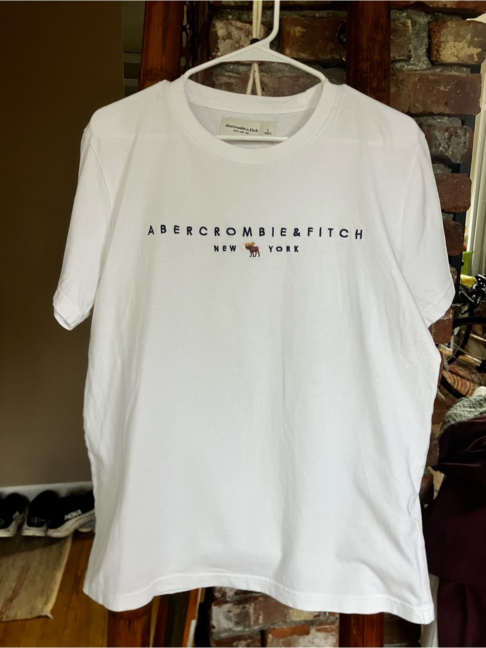 Abercrombie & Fitch White Tee with Navy Logo and Small Brown Moose